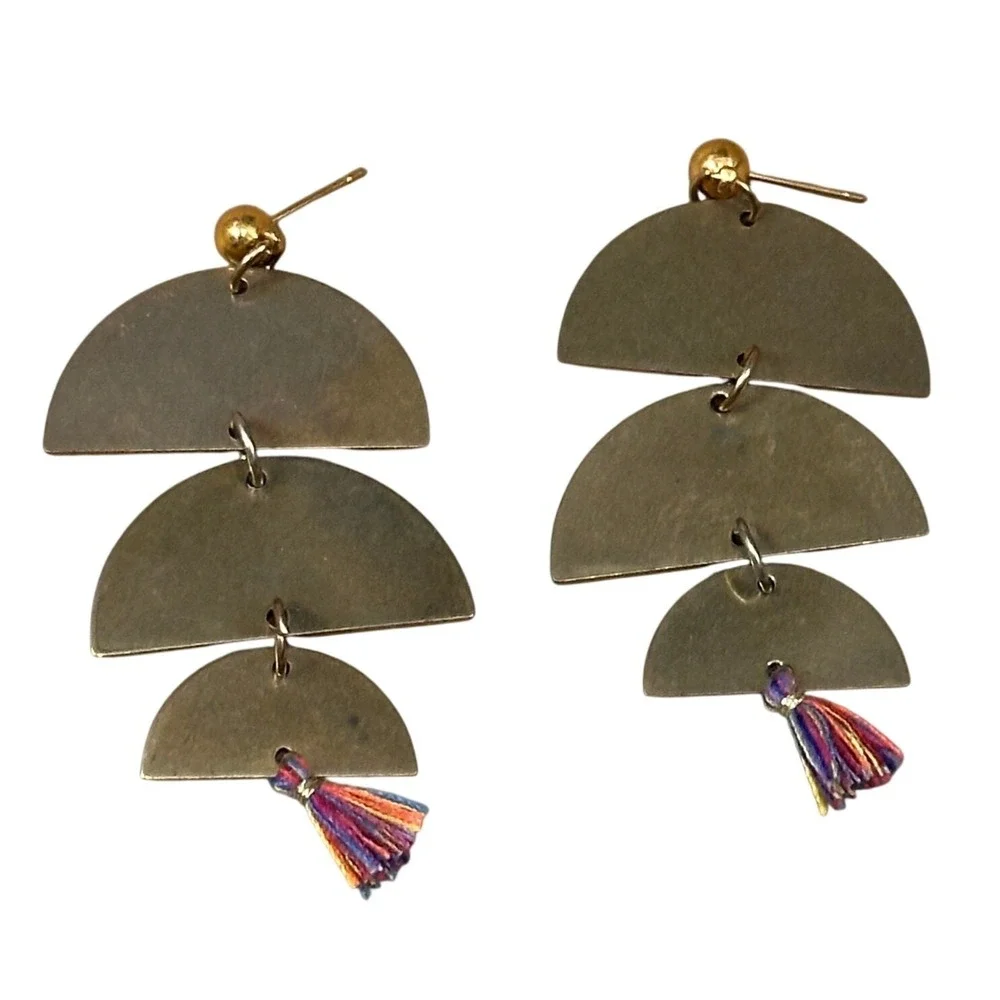 Handcrafted Brass Tiered Semi Circle Dangle Earrings‎ with Multi Color Tassels